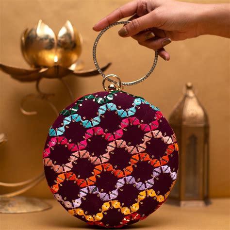 Maroon Multicoloured Round Embroidery Clutch - Artklim