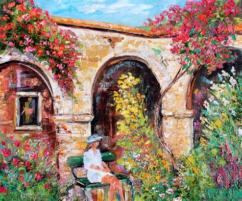 Garden painting, Woman and Flowers, Original oil, landscape palette knife impressionism on ...