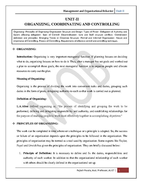 UNIT 2 - Principles of Organizing, Structure, and Design Types - Studocu