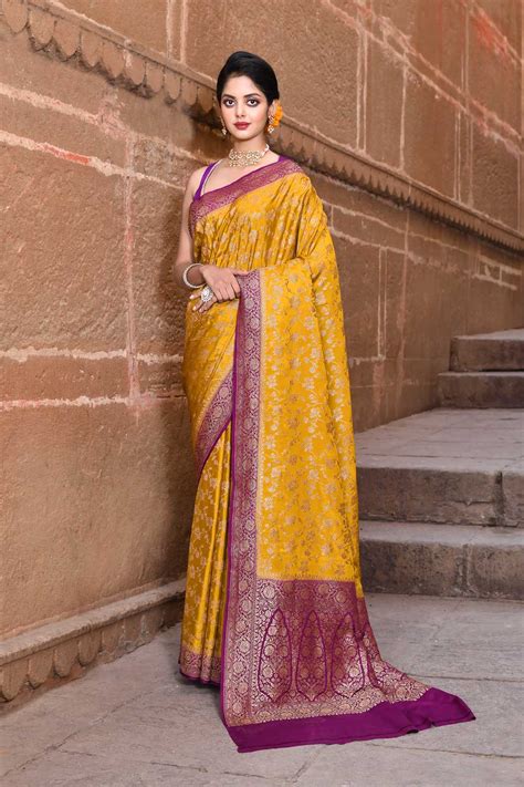 Mustard - Purple Pure Crepe Georgette Banarasi Handloom Silk Saree ...
