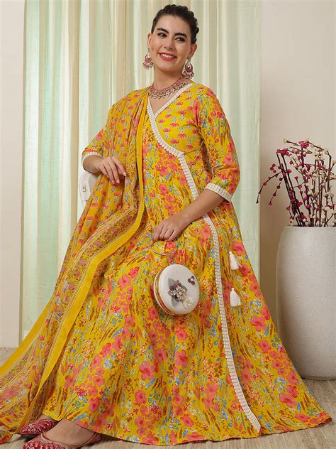Yellow Cotton Calf Length Printed Anarkali V-Neck Kurta Suit Set ...