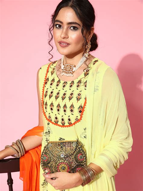 Light Yellow Mirror Work Sharara Set With Dupatta - InWeave