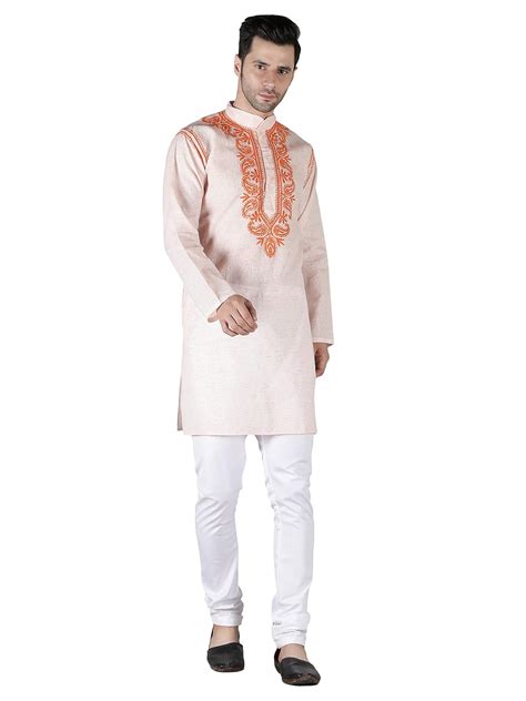 Buy Seva Chikan Hand Embroidered Lucknowi Chikankari Peach Cotton Kurta ...