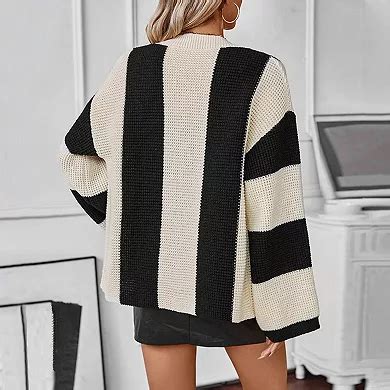Womens Fuzzy Sweater Coats Long Sleeve Color Block Knitted Outwear Open ...