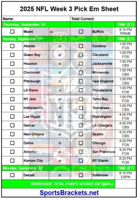 2025 NFL Pick Em Sheet Week 3; Printable, PDF Format - Sports Brackets