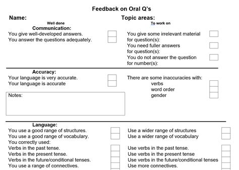 IGCSE Spanish Oral Question Feedback form | Teaching Resources
