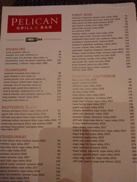 Carta del restaurante Pelican Grill, Newport Beach
