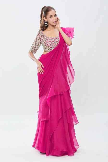 Buy Pink Cut Work, Sequins, Stones Scoop Pre-draped Ruffle Saree With ...
