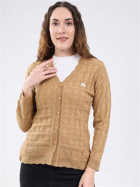 Buy Women Camel Brown Self Design V Neck Full Sleeve Cardigan Online in ...