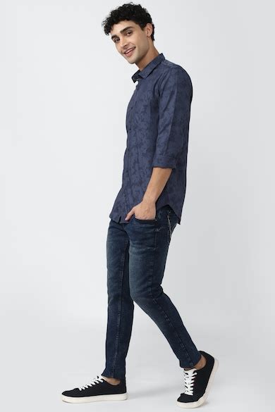 Buy Men Navy Super Slim Fit Print Full Sleeves Casual Shirt Online ...