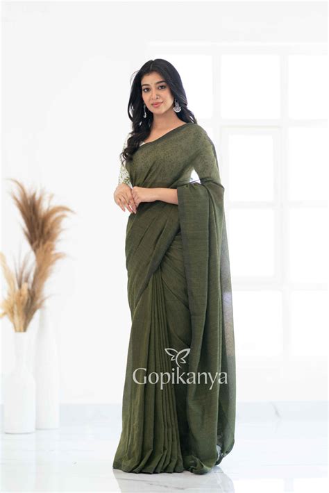 Mehndi Khadi Cotton Saree With White Printed Blouse – Gopi Kanya