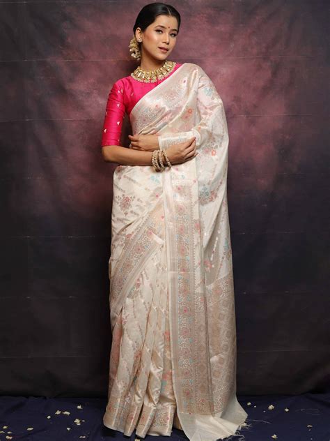 Banarasee Handloom Pure Chiniya Silk Saree With Zari & Meena Work-Whit