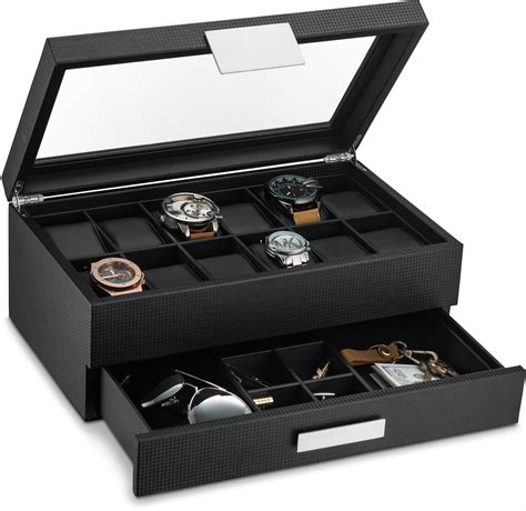 Watch Box with Valet Drawer for Men - 12 Slot Luxury Watch Case Display ...