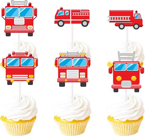 Buy Fire Truck Dessert Cupcake Topper Red Glitter Firefighter Fireman ...