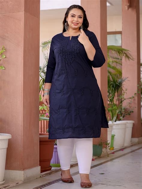 Navy Blue Floral Plus Size Chikankari Kurti Women – Yufta Store