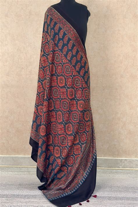 Buy Midnight Blue String Paisley Modal Silk Ajrakh Dupatta Online ...
