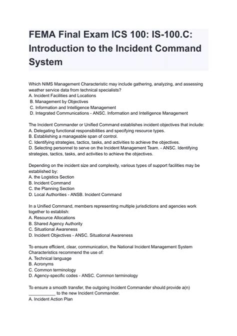 FEMA Final Exam ICS 100: IS-100.C: Introduction to the Incident Command ...
