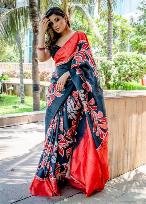 Pure silk batik black and red combination saree – Sujatra