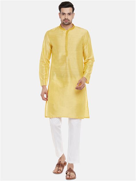 Buy Now,Art Silk Full Sleeve Straight Men Yellow Kurta