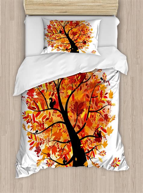 Fall Duvet Cover Set, Curvy Tree with Various Different Falling Leaves ...