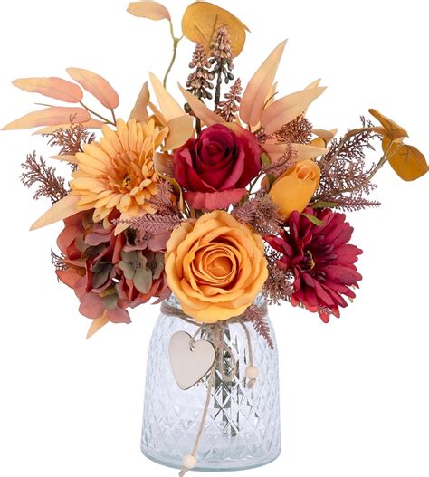 Artificial Flowers with vase，Fake Silk Roses in Vase for Home Decor ...