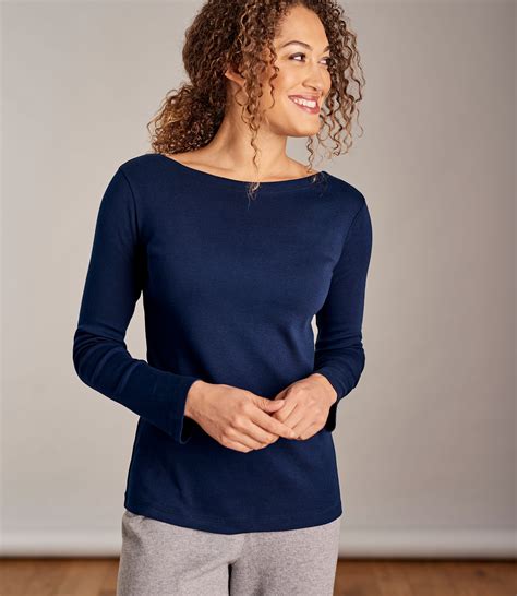 Navy | Womens Boat Neck Brushed Cotton Top | WoolOvers AU