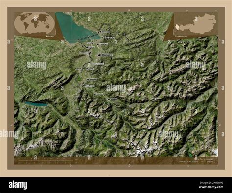 Vorarlberg, state of Austria. Low resolution satellite map. Locations and names of major cities ...