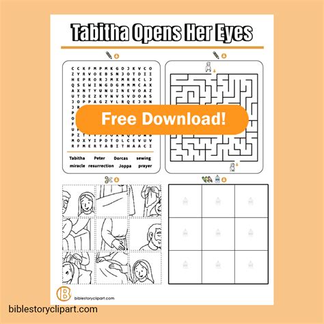 Tabitha Opens Her Eyes Fun Worksheet - Bible Story Clipart