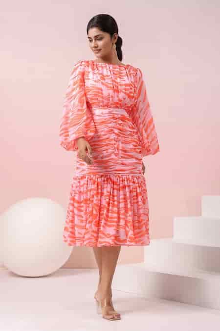 Buy Orange Georgette Round Neck Abstract Printed Dress For Women by ...