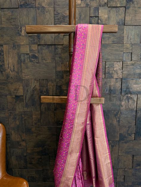 Pink Tanchoi Satin Silk Saree with Multicolor Parrot Motifs & Golden Z ...