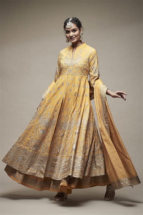 Buy Mustard Cotton Anarkali Suit Set Online at Biba India