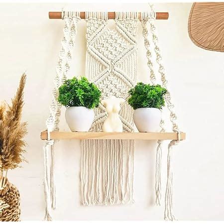 Decazone ® Macramé Wall Hanging Shelf Pine Wood Floating Shelve with ...