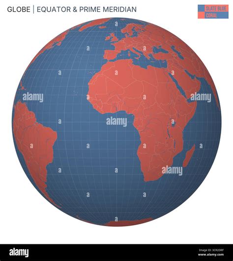 Vector Globe centered to Equator and Prime Meridian. Slate Blue Coral palette. World map with ...