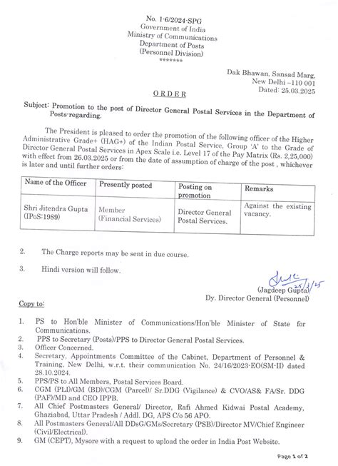 Promotion to the Post of Director General Postal Service in Department ...