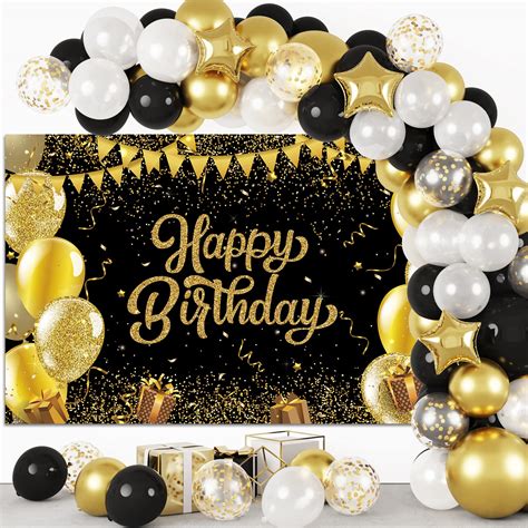 Rubfac Black and Gold Birthday Decorations Happy Birthday Backdrop with ...