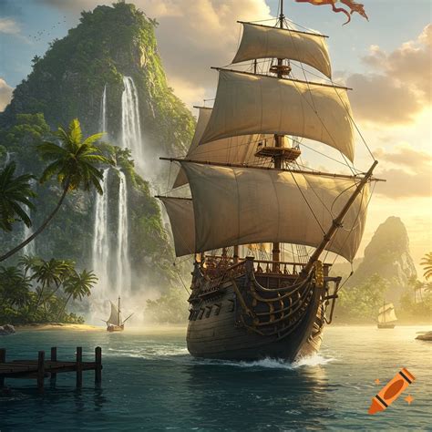 Spanish treasure galleon sailing into a harbor with tropical island on ...