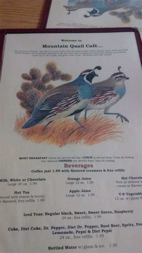 Menu at Mountain Quail Cafe, Quartzsite