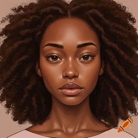Portrait of a woman with milk chocolate skin, dark brown eyes, and kinky curly hair on Craiyon