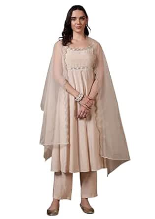 Buy FIORRA Women Off-White Viscose Chanderi Embroidered A-Line Kurta ...