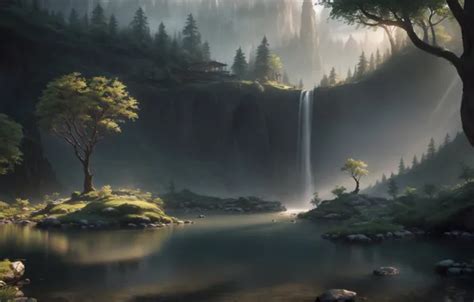 Download wallpaper forest, landscape, nature, art, lake, waterfall ...