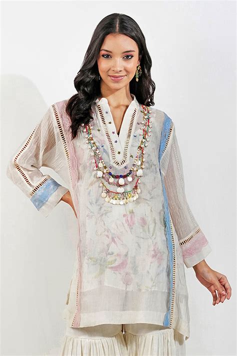 Shop Ivory Chanderi Embellished Boxy Top by DEVYANI MEHROTRA at House ...
