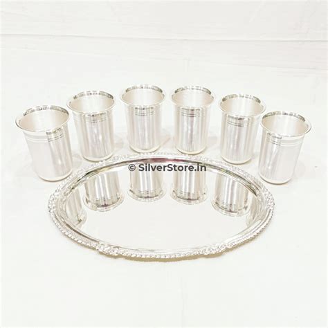 Silver Glass and Tray Set- Bis hallmark - pack of 7 – SilverStore.in
