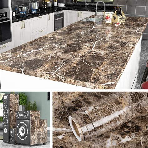 Livelynine 24 Inch Wide Countertop Contact Paper Brown Marble Wallpaper ...
