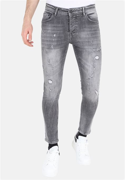 Grijze Heren Slim Fit Spijkerbroek met Scheuren | NIEUW | - Style Italy