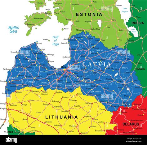 Highly detailed vector map of Latvia with administrative regions, main cities and roads Stock ...