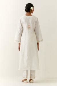 Buy Off White Silk, Chanderi Embroidery Mandarin Collar Notched Neck ...