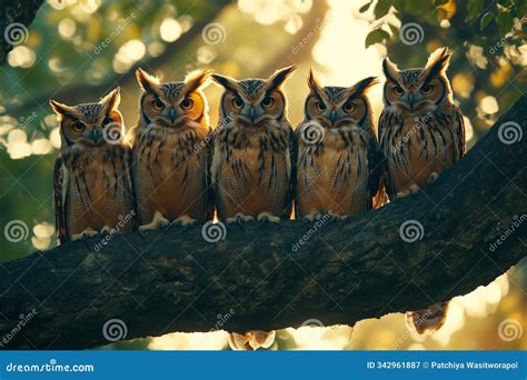 A Group of Owls Sitting Together on a High Tree Branch Stock ...