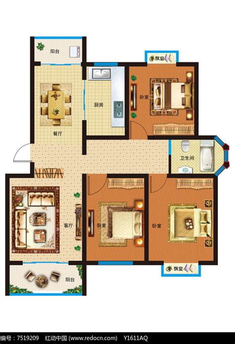 90平米三室平面户型图-千图网