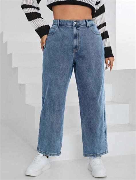 SHEIN EZwear Plus High Waist Straight Leg Jeans | SHEIN USA