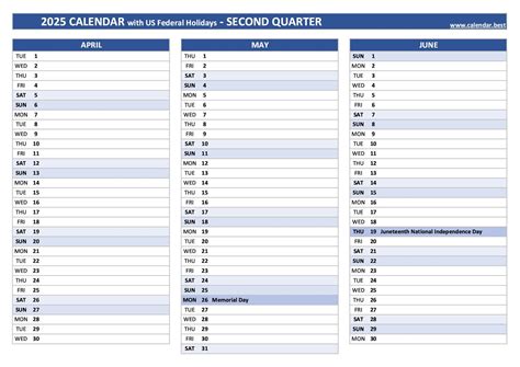 Printable 2nd quarter 2025 calendar